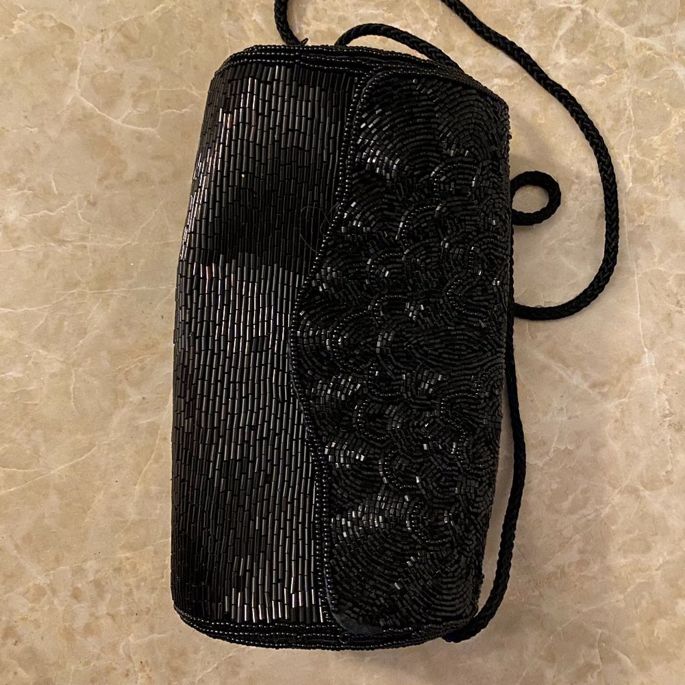 Black saks fifth avenue beaded clutch purse